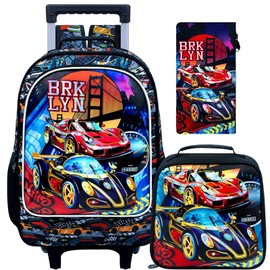 UFNDC 3PCS Boys Rolling Backpack, Cool Car Wheeled Bookbag，Roller School Bag with Wheels for Elementary Preschool Travel