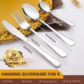 24 Pieces Silverware Set with Hanging Rack Caddy, Stainless Steel Silver Flatware Set for 6, Mirror Polished Utensil Cutlery, Kitchen Tableware Forks Spoons and Knives