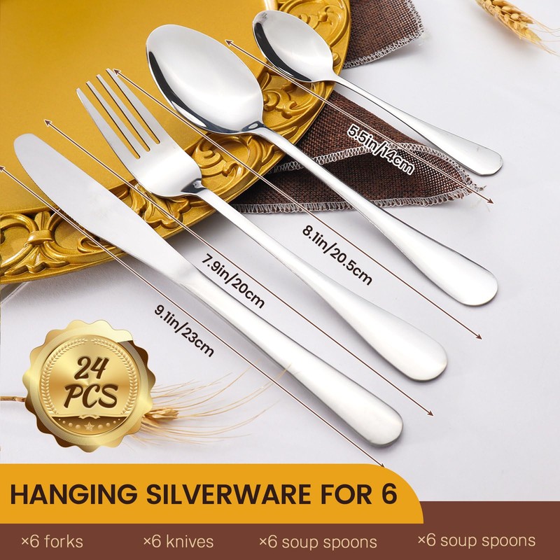 24 Pieces Silverware Set with Hanging Rack Caddy, Stainless Steel
