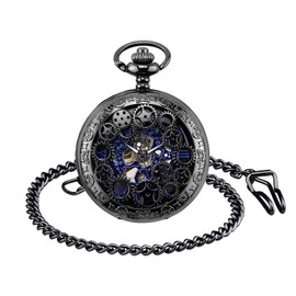 Unendlich U Men's Roman Numerals Scale Pocket Watch with Necklace Chain Analogue Hand Winding Unisex Retro Steampunk Mechanical Chain Watch, black, Retro