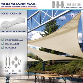 Windscreen4less 10' x 11' x 15' Sun Shade Sail Right Triangle Outdoor Canopy Cover with Hardware Kit UV Block for Backyard Porch Pergola Deck Garden Patio Pool (Light Gray)