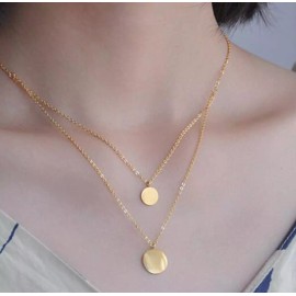 DAINTY Women Titanium Stainless Steel Round Gold Bar Double Layer Chain Necklace 17-19"