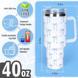 Whaline 40 Oz Blue Bow Tumbler with Handle Straw and Lid Bow-Knot Travel Coffee Tumbler Cup for Women Friend Holiday Birthday