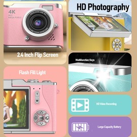 Bewinner FHD 1080P Digital Camera with 48MP Sensor, 2.4" Flip Screen, 18X Zoom, LED Fill Light, Self Timer & Filters, Compact Point and Shoot Camera for Travel & Vlogging (White)