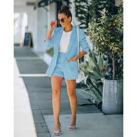 Women's 2 Piece Open Front Long Sleeve Blazer and Solid Short Pants Suit Sets Light Blue
