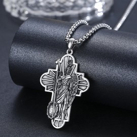 TwoAnts St Raphael Necklace 925 Sterling Silver Saint Raphael the Archangel Pendant Necklace St Raphael Cross Medal Necklace Medallion Catholic Jewelry Gifts for Athletes Men Women