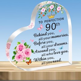JMIMO 90th Birthday Gifts for Women Inspirational 90th Transparent Heart Shaped Acrylic Plaque Keepsake
