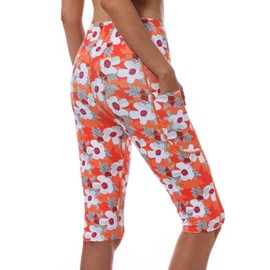 Cagola Womens Swim Capris Swim Pants Knee Length Long Swim Shorts UPF50+ Capri Swimsuits High Waisted Tummy Control Quick Dry Orange Flower Medium