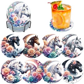 Bowetile 8PCS Diamond Art Painting Coasters Kit with Holder, Horse Diamond Art Kits for Adults Beginners, Moon Gem Art Kits for Adults, Arts and Crafts Kits for Adults for Home Decor