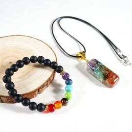Soulnioi Healing 7 Chakra Beaded Bracelet and Colorful Natural Gravel 7 Chakra Pendant Black Leather Rope Necklace for Spiritual Cleansing, Stress Relief Reiki Yoga Meditation, Chakra Balancing