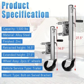 1500lbs Boat Trailer Jack Heavy Duty Boat Trailer Tongue Jack with 6" Dual Wheel