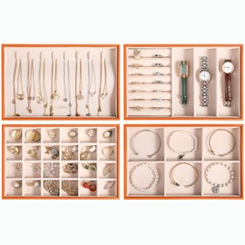 LANDICI Stackable Jewelry Organizer Trays 4 Set,PU Leather Jewelry Organizer Drawer,Jewelry Storage Display Tray for Earring Necklace Rings Bracelet with Removable Dividers,Orange