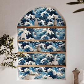 MAGAFA Vinatge Janpanese Sea Wave Blue/Yellow Mosaic Peel and Stick Wallpaper Self Adhesive Wall Paper for Kitchen Cabinet Renter Friendly 29sq.ft, 17.71”x236.2”, Blue/Red