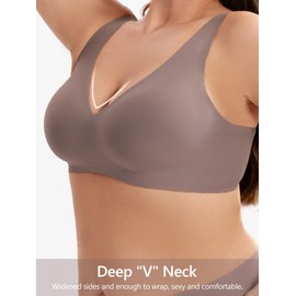 Angelhood Deep V Bras for Women Wire Free Comfort Wireless Bralettes Adjustable Seamless Bra with Extender Grey Large