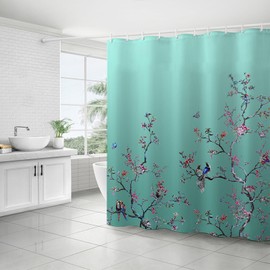FAIRYGATE Shower Curtain Green Bird Floral 180cm × 180cm Mould Proof Butterfly Fabric Bathroom Curtain For Women & Men With 12 Hooks Washable Quick-Drying Curtains B8714