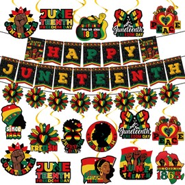 Epakh 27pcs Juneteenth Decorations Banner Set Include Happy Juneteenth Banner and Double-Sided Print Hanging Decorations Swirl African Afro American Decorations for June 19th 1865 Independence Day