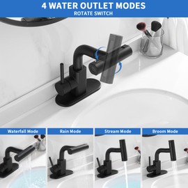 RUMOSE Matte Black Bathroom Faucets with 4 Mode Pull Down Sprayer Single Handle Waterfall 360°Swivel Bathroom Sink Faucet with Pop Up Drain 1 or 3 Hole Pull Out Bath Bar Vanity Faucet with Deck Plate