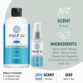Mist N' Go by OMAZE Bathroom Odor Spray for Toilet Spray Refill Bottle - Multitasking Toilet Spray - Bathroom Spray Odor Eliminator for Strong Odors | Dream, 16oz + 2oz