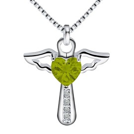 Ckysee Silver Plated Angel Birthstone Necklace,Cubic Zirconia Cross Necklace for Women,First Communion Baptism Gifts August- Peridot