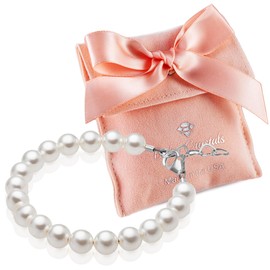 Baby Crystals Delicate Sterling Silver Bracelets for Girls with High End White European Simulated Pearls, Elegant Girls Jewelry, Pearl Bracelet for Birthday Gifts Flower Girls