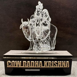 3D Illusion Lord Radha Krishna Kanahiya With LED Light, Shri Radha Krishan For Gift/ Home Décor / Office / Car Dashboard / Mandir (Radha Krishana Sitting on Cow Statue) – (4.35”x2”x4.35”) – Pack of 1