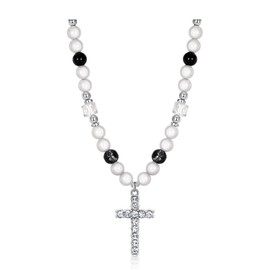 VUENISIMAA Cross Pearl Necklace for Men Stainless Steel Necklace 10mm Double Layered Cuban Link Fashion Jewelry Baptism Gifts for Him, Pearl, No Gemstone