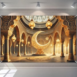 BlissYard Ramadan Backdrop Banner 71x43 Inch Crescent Moon and Star Eid Decoration Hanging Islamic Arch Mosque Wall Art Gold Ramadan Kareem Festival Display for Indoor Outdoor Muslim Celebration