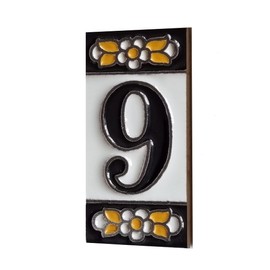 Spanish Flower Ceramic House Number Tiles 7.5cm x 3.5cm Filigree Metal Frame (Number 9)