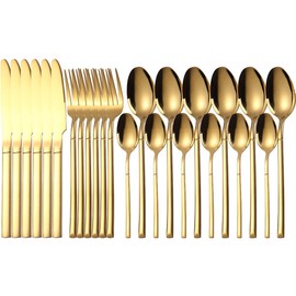 Juego de Cubiertos de Acero Inoxidable: 24 piezas de Cubiertos para La Cena, Tenedores, Cucharas, Cuchillos Pulidos con Espejo para Cenar (Oro)