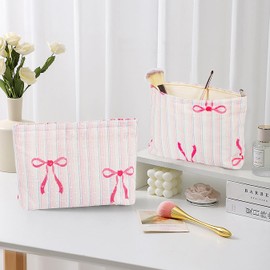 Large Makeup Bag for Purse, Pink Stripe Bow Cosmetic Bag for Women Girls, Cute Pink Bowknot Canvas Travel Toiletry Bag Organizer, Aesthetic Coquette Makeup Pouch Cosmetic Pouch with Zipper