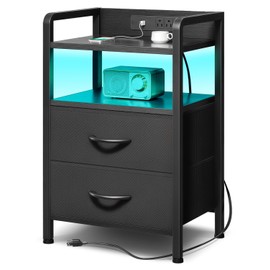 Lazzanto Night Stand Bedside Charger Bedroom - Nightstand with Charging Station & LED Light Strip, Night Stand with Storage Shelf & 2 Fabric Drawers, Morden End Table with U-S-B Ports & AC Outlets