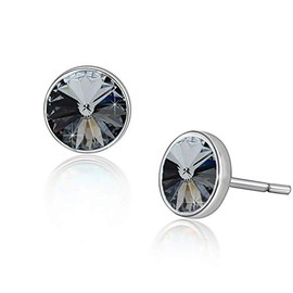 Round Austrian Crystal Stud Earrings for Women Fashion 925 Sterling Silver Hypoallergenic Jewelry (Black)