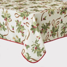 Violet Linen European Seasonal Christmas Ribbons Oblong/Rectangle Tablecloth, 60 in, Beige