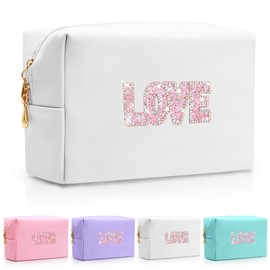 Bling Love Rhinestone Makeup Bag For Teen Girl Kids Women Bride Bridesmaids,Trendy Travel Cosmetic Bag For Mothers Teachers Birthday Engagement Wedding Gifts,Sparkly Leather Toiletry Bag (White LOVE)