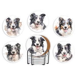 Onebttl Border Collie Gifts Coaster, Ceramic, Set of 6, with Gift Box, Absorbent with Cork Base, Gifts for Border Collie Lovers, Home Decor for Housewarming, Thanksgiving, Birthday, Christmas