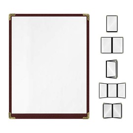 Burgundy, 25 Pack, 1 Pages / 2 Views - 8.5" x 11", Cafe Style Menu Cover, Top-Loading Double Stitched Edge, Crystal Clear Vinyl Menu Holder with Gold Decorative Corners