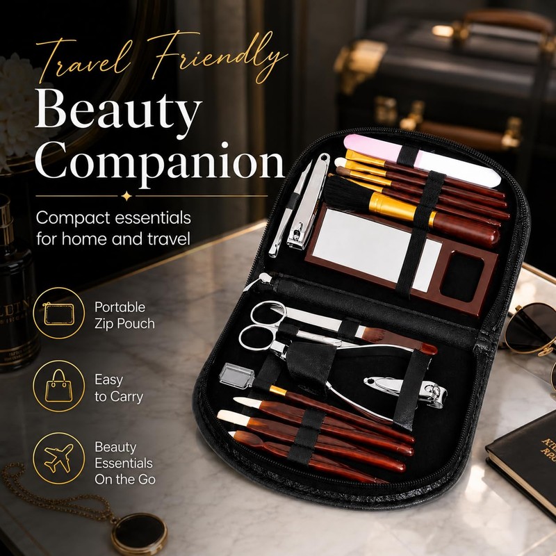 18 Piece Ladies Manicure & Makeup Set in Black Zipped