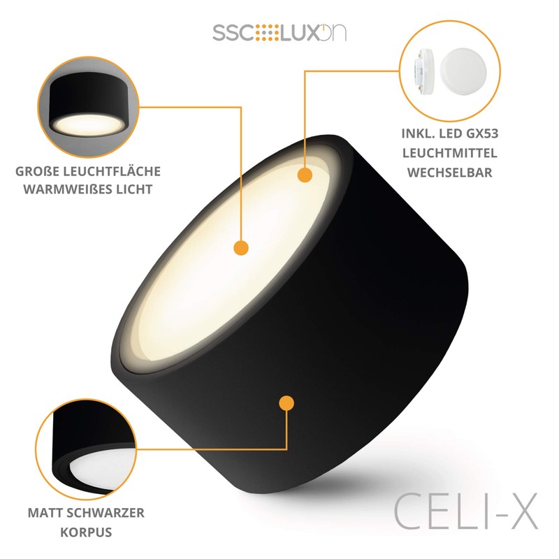 SSC-LUXon CELI-X LED Surface-Mounted Ceiling Light Matt Black Flat and