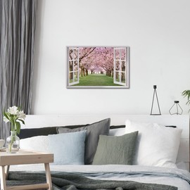 Window View Cherry Blossom Picture: Bedroom Aesthetic Flower Wall Art Nature Scene Canvas Print Living Room Modern Tree Scenery Artwork Landscape Painting Decor for Home Office