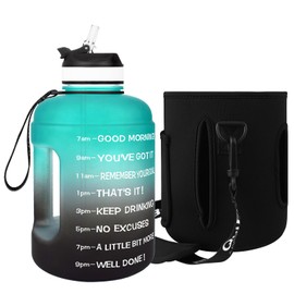 QuiFit 3.78/2.2 Litre Motivational Water Bottle - with Straw & Time Marker,Wide Mouth,BPA Free,Reusable,Ideal for Gym,Outdoor Sport,Home & Office (Green Black with Sleeve, 2.2 Liter)