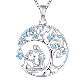 YL Mother and Daughter Necklace 925 Sterling Silver Tree of Life Pendant for Women Mum, Chain 45 + 3 cm, Silver, Aquamarine