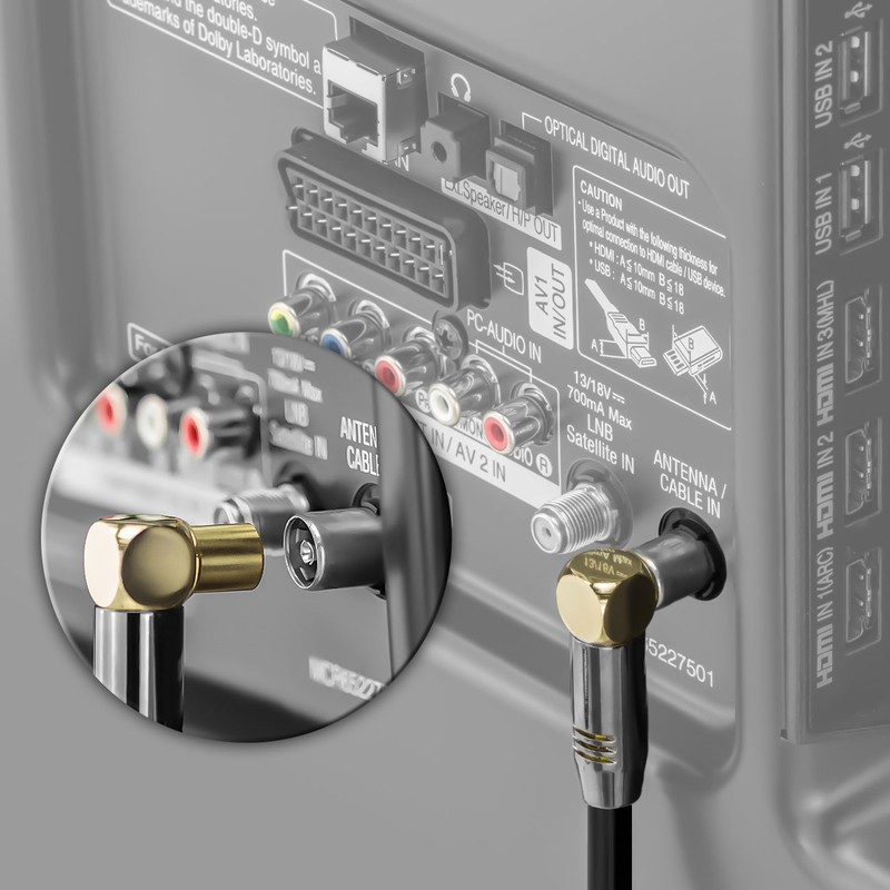 deleyCON TV Cable Plug 90°/Jack 90° Gold-Plated, Black