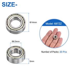 sourcing map 20Pcs 687ZZ Deep Ball Bearings 6.9x14x5mm High Carbon Steel Double Sealed Bearings for Electric Motor, Home Appliances, Garden Machinery, Silver Tone