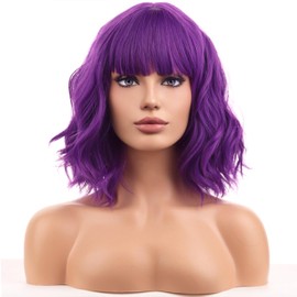 BERON Purple Womens Wig Short Curly Wavy Bob Girls Hair Wig with Bangs Dark Purple Wavy Hair Wigs 12'' Women's Synthetic Wigs Cosplay or Daily Use