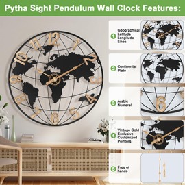 Pytha Sight 24 Inch Large Wall Clock for Living Room Decor,Big Modern Decorative Silent Metal World Map Wall Clock with Vintage Gold Arabic Numeral for Office,Living Room,Kitchen,Dining Room