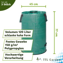 TTL Garden 3 x 120 L Garden Sacks, Self-Standing, 4 Handles, 150 gsm, Extra Stable, Robust and Foldable, Container, Leaf Bag for Grass, Leaves, Hedge and Garden Waste, Green Cuttings