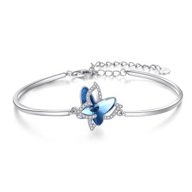 POPLYKE Blue Opal Sea Turtle/Frog/Ladybug/Cardinal Bracelet for Women 925 Sterling Silver Turtle Gifts for Girls Turtle Jewelry Birthday Adjustable (Butterfly Bracelet)