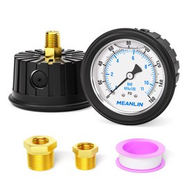 MEANLIN MEASURE 0~160Psi Stainless Steel 1/4" NPT 2.5" FACE DIAL Liquid Filled Pressure Gauge, Center Back Mount (with Rubber Protective Sleeve), with 1/2" NPT and 3/8" NPT Hex Bushing