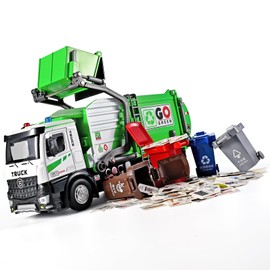 NOVAFUSION Front Loader Arm Toy Garbage Truck with Auto Lift Function,Diecast Garbage Truck Metal Cab,Friction Powered Garbage Truck Toy with Lights and Sounds,Garbage Trucks for Boys Age 4-7（Green）