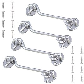 VENGABY Pack of 4 Storm Hooks, Cabin Hooks with Eyelet, Stainless Steel Door Hooks, Window Hooks, Storm Hooks for Swing Door, Wood, Shutters, Wood, Barn Door, Garden Gate, Latch with Mounting (Silver,